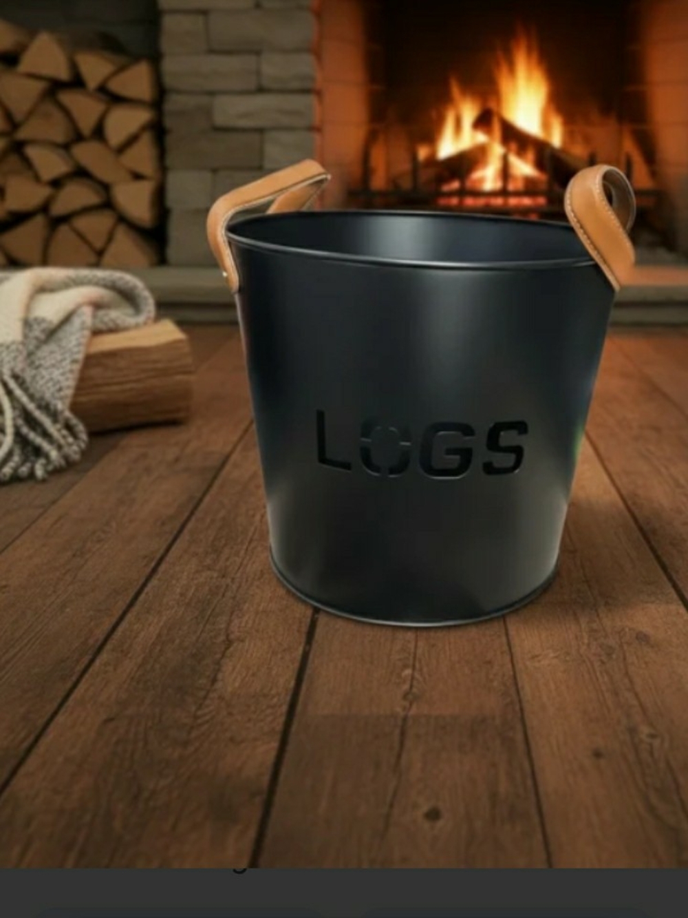 New $90 Metal And Leather fireplace LOG Holder..modern